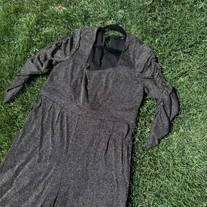 Torrid Black Metallic Silver Pinstripe Square Neck Ruched Sleeve Jumpsuit 14